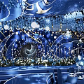 Luxurious Blue Runway With Curved Designs Gold Lines White Lights and Flower Decorations