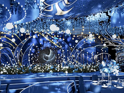 Luxurious Blue Runway With Curved Designs Gold Lines White Lights and Flower Decorations 3d model
