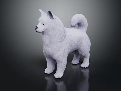 White Akita Dog 3D Rendered Model Standing With Curled Tail On Black Surface 3d model