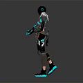 Cyberpunk Female Warrior in Futuristic Black and Teal Armored Suit Wearing Helmet Holding Twin Katanas
