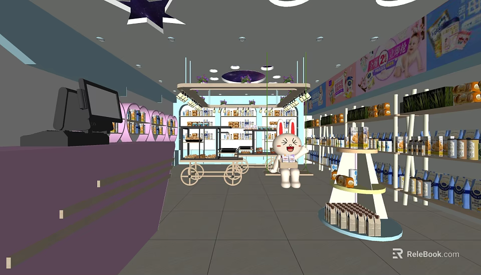 Specialty Store Interior With Cartoon Cat Figure Shelves Products And Pink Posters 3d model 