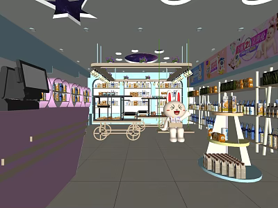 Specialty Store Interior With Cartoon Cat Figure Shelves Products And Pink Posters 3d model