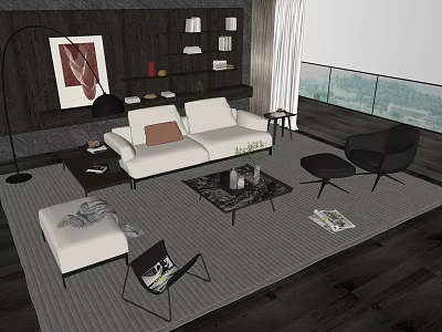 Modern Living Room Interior With White Sofa Coffee Table Set Black Chairs And Floor To Ceiling Windows 3d model