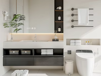 Modern Bathroom Cabinet With Mirror Sink Towel Rack Storage Shelves And Potted Plant 3d model