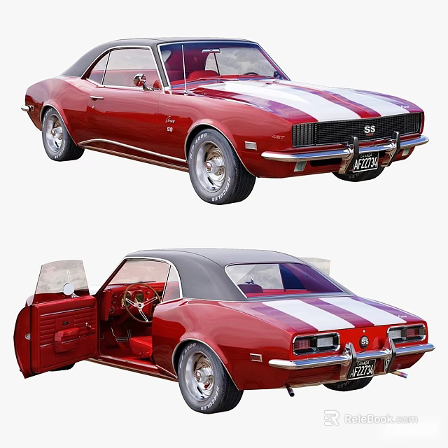Classic Red Sports Car With White Stripes Open Doors And Red Interior 3d model 