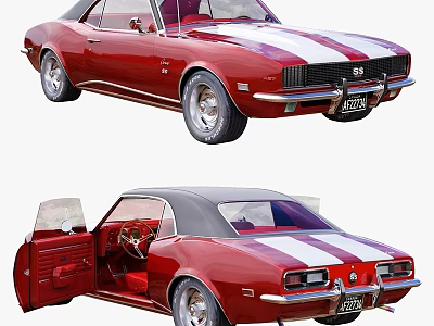 Classic Red Sports Car With White Stripes Open Doors And Red Interior 3d model