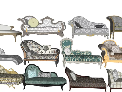 Various Chaise Lounges With Patterned Fabrics And Stylish Backrest Designs 3d model