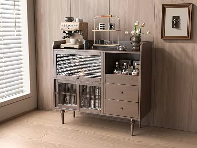 Wooden Sideboard with Glass Front Cabinets and Drawers Topped with Coffee Machine Vase and Tulips 3d model