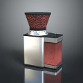 Modern Electric Coffee Grinder With Silver Metal Body And Red Coffee Bean Hopper