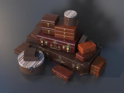Stacked Vintage Brown Suitcases And Boxes With Various Sizes Styles And Striped Patterns 3d model