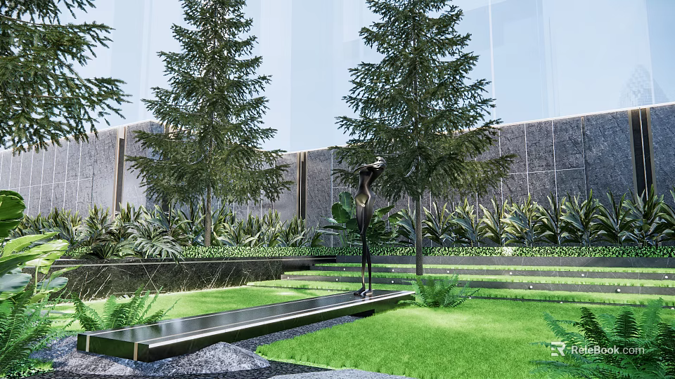 Modern Garden Landscape With Tall Pine Trees Green Lawn Stepped Pathway Statue And Building Background 3d model 