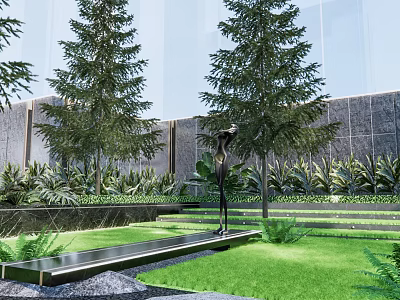 Modern Garden Landscape With Tall Pine Trees Green Lawn Stepped Pathway Statue And Building Background 3d model