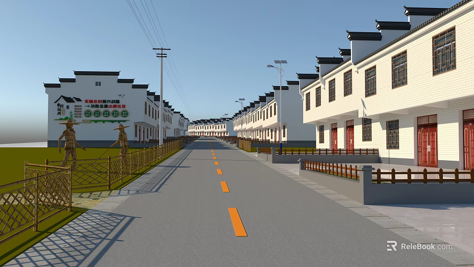 Traditional Hui Style White Rural Residential Building Exteriors Arranged Along Spacious Clean Village Road 3d model 