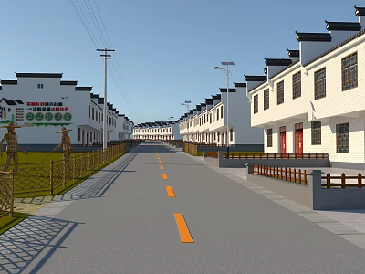 Traditional Hui Style White Rural Residential Building Exteriors Arranged Along Spacious Clean Village Road 3d model