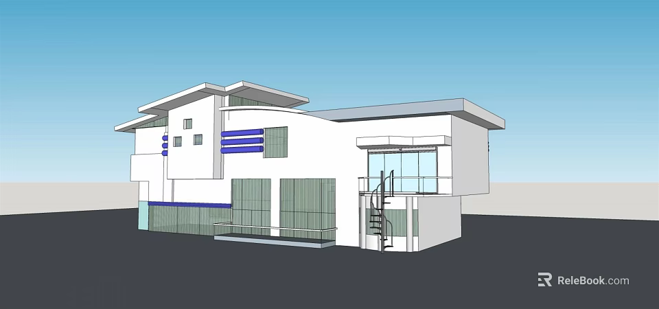 Modern House Exterior Design With White Facade Blue Stripes Glass Windows Balcony And Staircase 3d model 