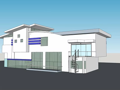 Modern House Exterior Design With White Facade Blue Stripes Glass Windows Balcony And Staircase 3d model