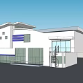 Modern House Exterior Design With White Facade Blue Stripes Glass Windows Balcony And Staircase