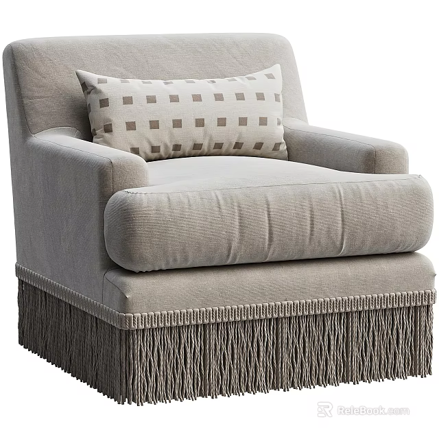 Single Sofa With Gray Fabric Upholstery Comfortable Cushion And Fringe Detail 3d model 
