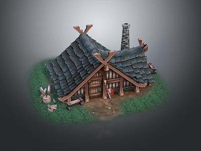 Rustic Wooden Cottage Featuring Tiled Roof Chimney Grass Surroundings Rabbit On Porch Steps 3d model