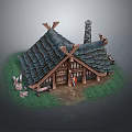 Rustic Wooden Cottage Featuring Tiled Roof Chimney Grass Surroundings Rabbit On Porch Steps