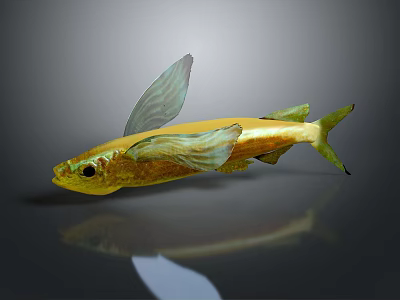 Yellow Fish With Green Wing Like Fins And Reflection On Gray Background 3d model