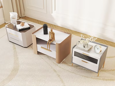 Three Modern Decorative Cabinets In Living Room Corner With White Gold Design And Decorative Items 3d model