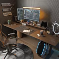 Modern Gaming Desk Setup With Dual Monitors Office Chair Display Shelves And Rug
