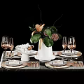 Elegant Decorative Ornament Set For Dining Table With Plant Gold Accents Wine Glasses And Tableware