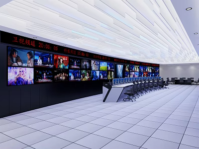 Modern Monitoring Room With Multiple Display Screens Control Console And Ergonomic Chairs 3d model