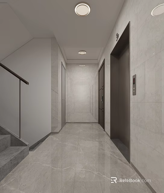 Modern Elevator Hallway Interior With Light Beige Marble Walls Dark Doors And Ceiling Lights 3d model