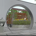 Traditional Garden Landscape With Circular Archway Wooden Pergola Green Plants Yellow Flowers And Stone Lanterns