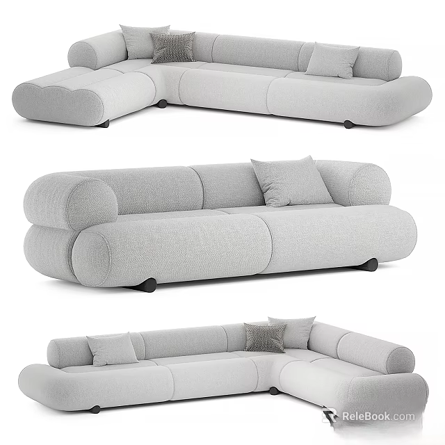 Modern Gray Fabric Sectional Sofa With Curved Arms And Accent Pillows 3d model 
