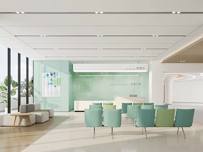 Modern Hospital Clinic Waiting Area With Green Seating And Reception 3d model