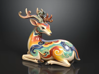 Colorful Lying Deer Figurine With Decorative Antlers And Intricate Patterns 3d model