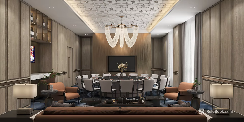 Luxurious Private Room Interior With Round Dining Table Chandelier TV And Sofa Seating 3d model 