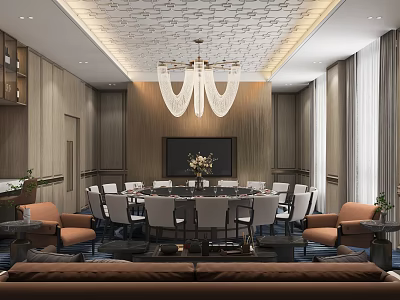 Luxurious Private Room Interior With Round Dining Table Chandelier TV And Sofa Seating 3d model