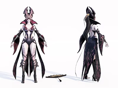 Game Fantasy Character Design With Horns Long Dress And Bow Weapon 3d model