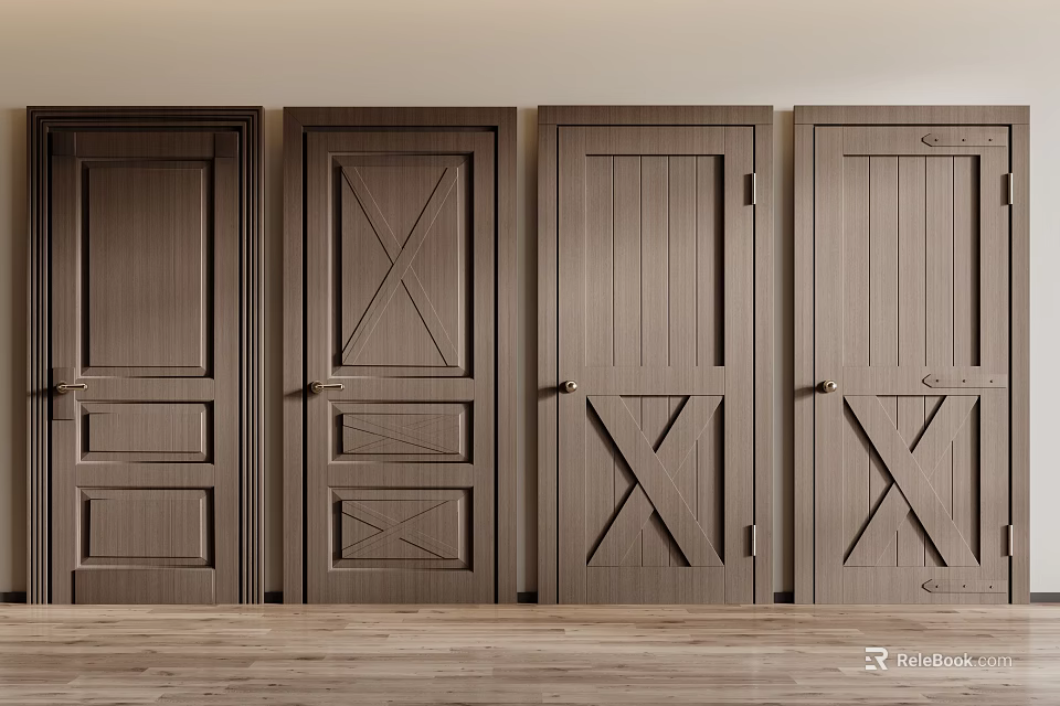 Four Brown Hinged Doors Featuring Wooden Texture And Various Panel Designs Side By Side 3d model