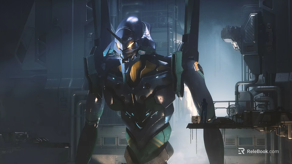 Giant Smart Machine With Metallic Structure and Glowing Eyes in Industrial Factory 3d model 