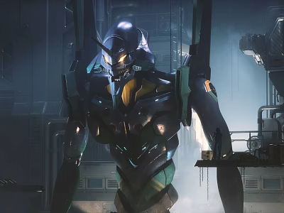 Giant Smart Machine With Metallic Structure and Glowing Eyes in Industrial Factory 3d model