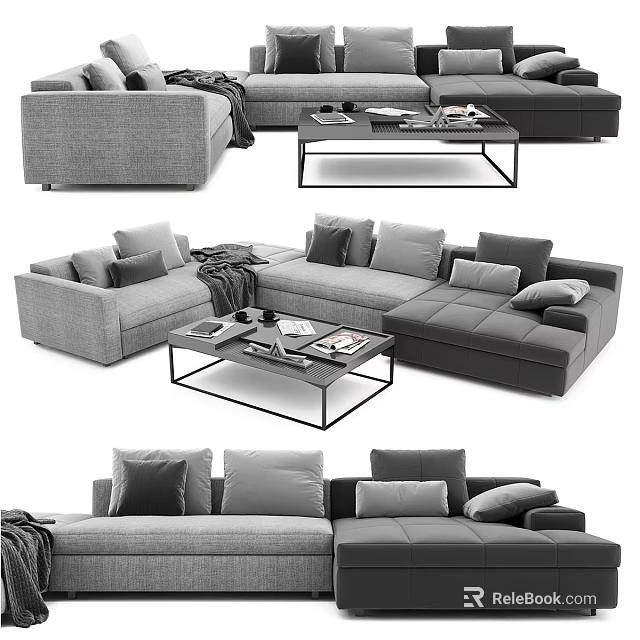 Modern Gray Two Seater Sofa With Pillows Throw Blanket And Coffee Table 3d model