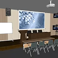 Modern Conference Room with Projection Screen Podium Whiteboard Tables Chairs and Projector