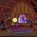 Indoor Scene With Arched Wooden Ceiling Stained Glass Window Moon Decoration Bookshelf Telescope Purple Rug