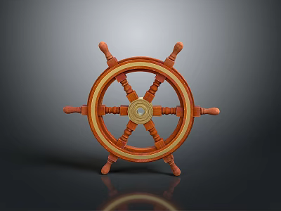 Wooden Ship Steering Wheel as Vintage Nautical Decorative Household Item with Orange and Golden Details 3d model