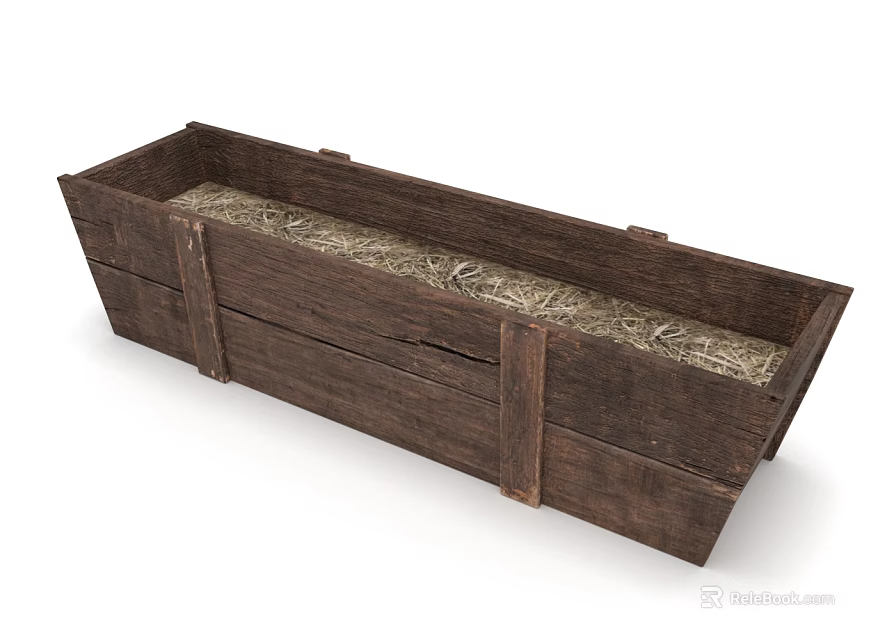 Rustic Wooden Long Crate With Straw Filling And Solid Wood Structure 3d model