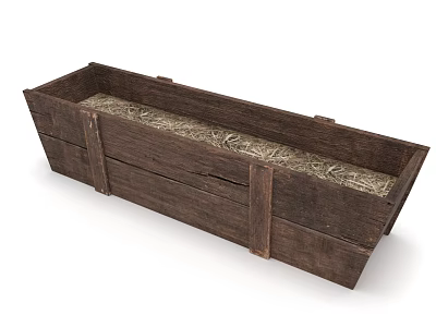 Rustic Wooden Long Crate With Straw Filling And Solid Wood Structure 3d model