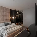 Modern Luxury Bedroom Interior With Tufted Headboard Pendant Lights Beige Bed Gray Curtains And Wardrobe