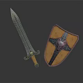 Medieval Silver Sword With Orange Hilt And Ornate Orange Shield Design