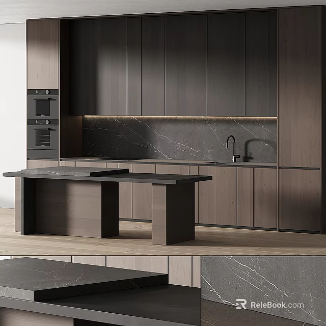 Modern Kitchen Interior With Dark Cabinets Marble Countertop Central Island And Built-in Oven 3d model 