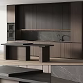 Modern Kitchen Interior With Dark Cabinets Marble Countertop Central Island And Built-in Oven